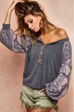 Aztec Sleeve Buttoned Henley Sweatshirts