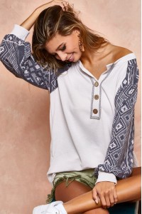 Aztec Sleeve Buttoned Henley Sweatshirts