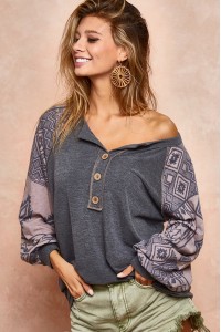 Aztec Sleeve Buttoned Henley Sweatshirts