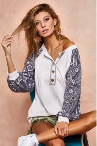 Aztec Sleeve Buttoned Henley Sweatshirts