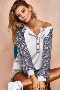 Aztec Sleeve Buttoned Henley Sweatshirts