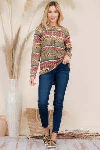 Leopard And Stripe Contrast Mock Neck Hoody - Plus