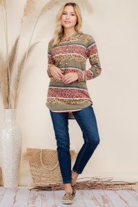 Leopard And Stripe Contrast Mock Neck Hoody - Plus