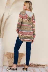 Leopard And Stripe Contrast Mock Neck Hoody - Plus