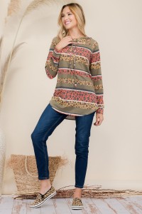 Leopard And Stripe Contrast Mock Neck Hoody - Plus