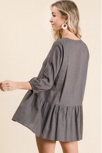 Cut-out V-neck Linen Woven Puff Sleeves