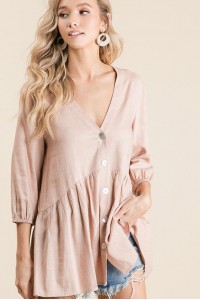 Cut-out V-neck Linen Woven Puff Sleeves