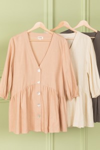 Cut-out V-neck Linen Woven Puff Sleeves