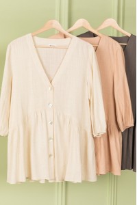 Cut-out V-neck Linen Woven Puff Sleeves