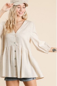 Cut-out V-neck Linen Woven Puff Sleeves