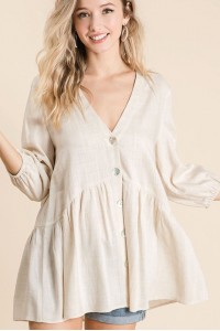 Cut-out V-neck Linen Woven Puff Sleeves